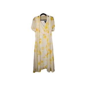 DKNY Floral Wrap Dress Womens 8 Yellow White Midi Tie Waist Puff Sleeve